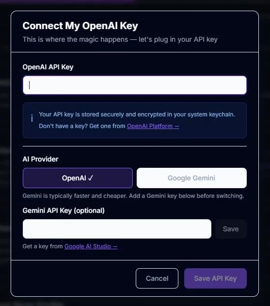 The API key dialog: a field for an OpenAI key, a note that keys are stored encrypted in the system keychain, a provider switch between OpenAI and Google Gemini with Gemini described as typically faster and cheaper, and a second optional field for a Gemini key.