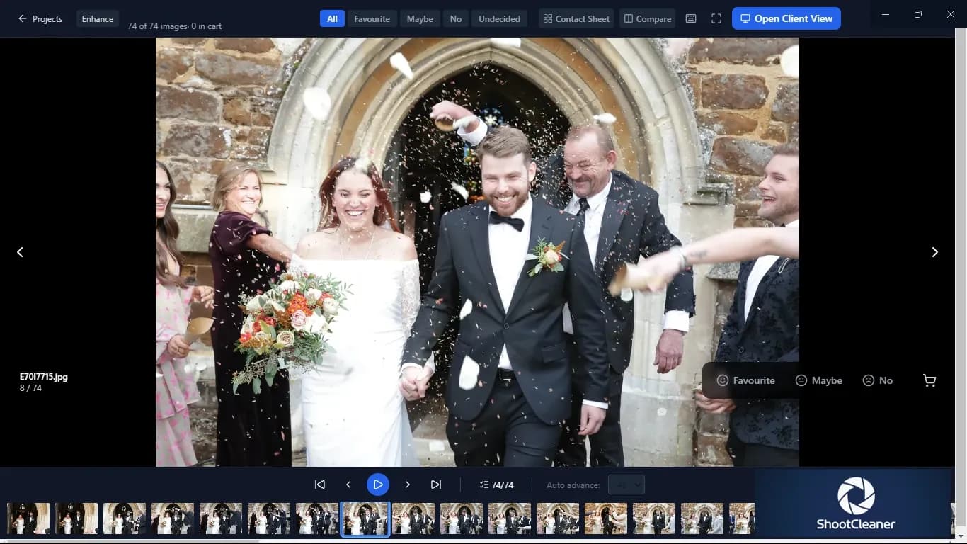 The client selection view showing one photograph large, with filters for favourite, maybe, no and undecided, a filmstrip of the full shoot beneath, and buttons to mark the frame or add it to an order.