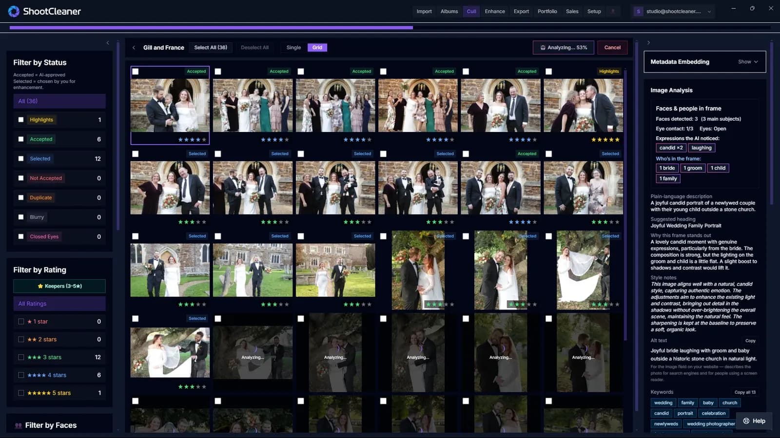 A wedding shoot part-way through analysis: a progress bar reading 53 per cent with a cancel control, frames already scored carrying accepted, selected and highlight badges, and the remaining thumbnails still resolving — while the panel alongside reads the selected frame for faces, expressions and what makes it stand out.