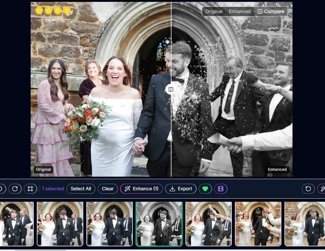 One photograph split down the middle by a draggable divider: the original on the left in full colour, the enhanced version on the right in soft black and white, with the rest of the shoot in a filmstrip below.