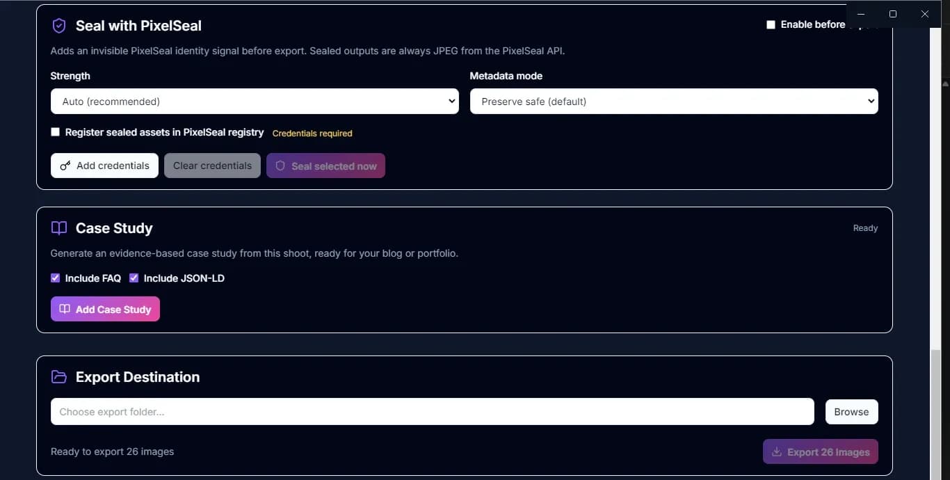 The export screen, offering an optional invisible PixelSeal identity signal with selectable strength and metadata handling, and an evidence-based case study with FAQ and structured data toggles, before choosing where the finished files go.