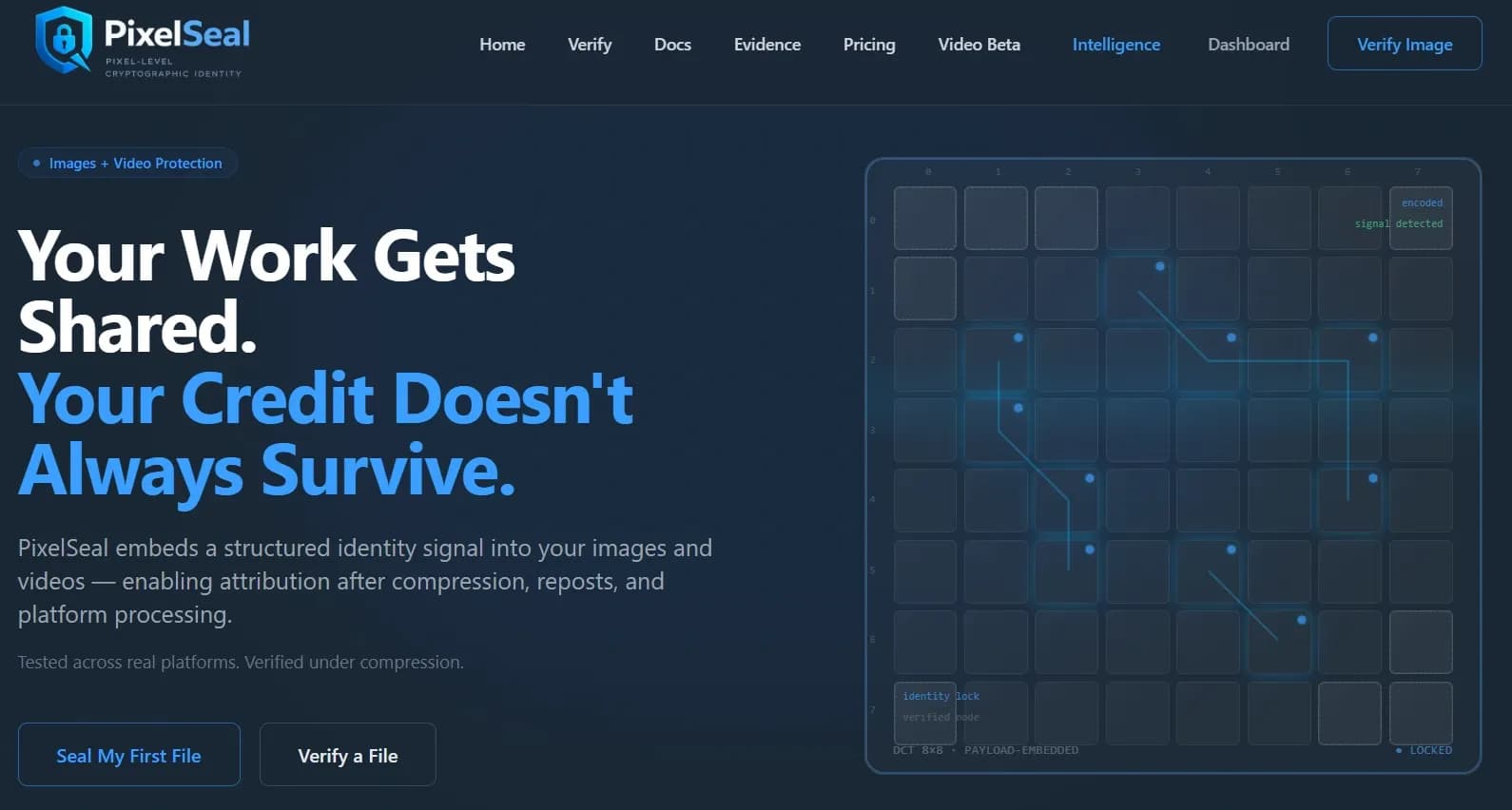 The PixelSeal website, explaining that it embeds a structured identity signal into images so attribution survives compression, reposting and platform processing, beside a diagram of an eight-by-eight coefficient grid with an encoded signal detected.