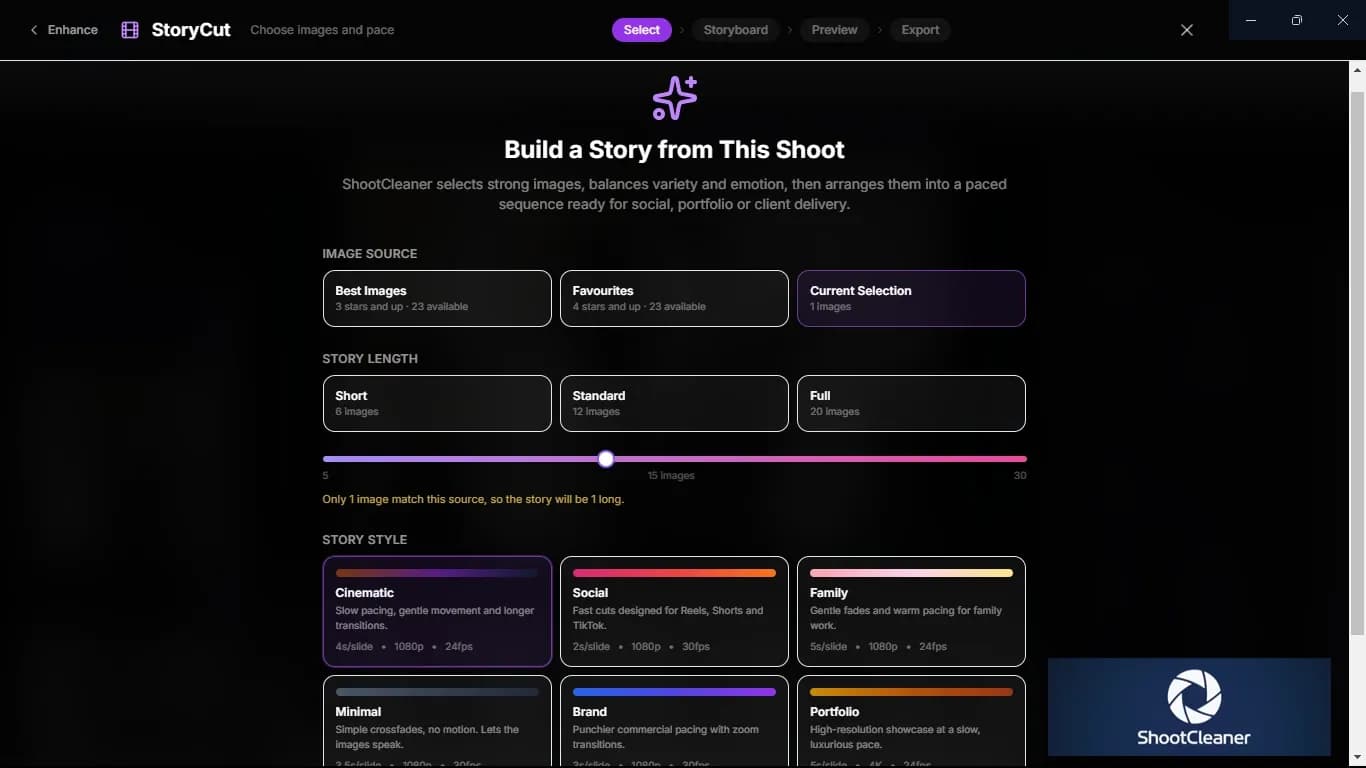 The StoryCut builder showing all six pacing styles at once — cinematic, social, family, minimal, brand and portfolio — each with its seconds per slide, resolution and frame rate.