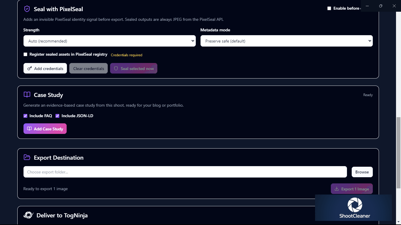 The export screen, offering an optional invisible PixelSeal identity signal with selectable strength and metadata handling, an evidence-based case study with FAQ and structured data toggles, a folder destination, and delivery to the TogNinja studio CRM.