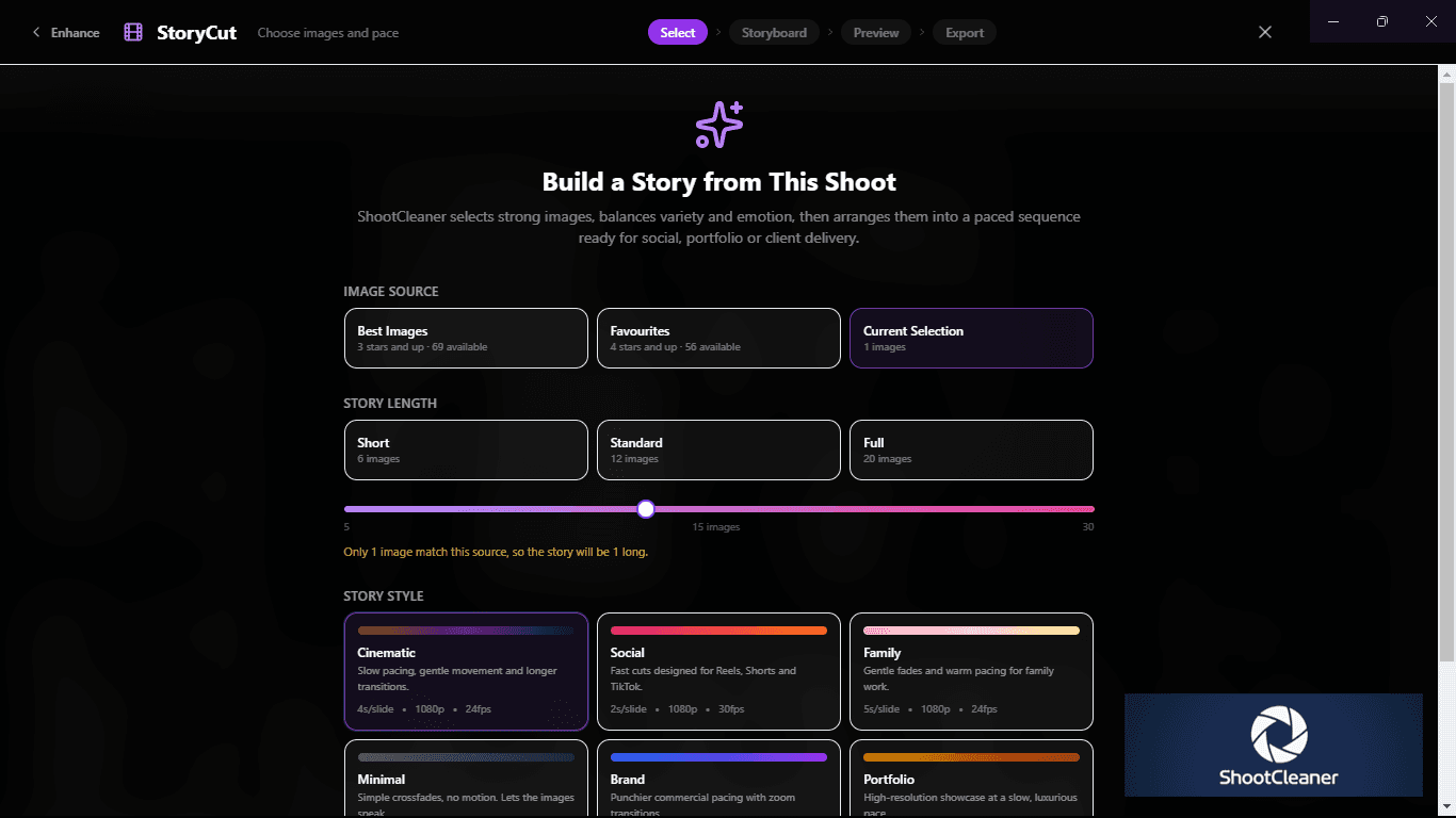 The StoryCut builder, choosing which images feed a story, how long it runs, and its pacing style — cinematic, social, family, minimal, brand or portfolio — each listing its seconds per slide, resolution and frame rate.