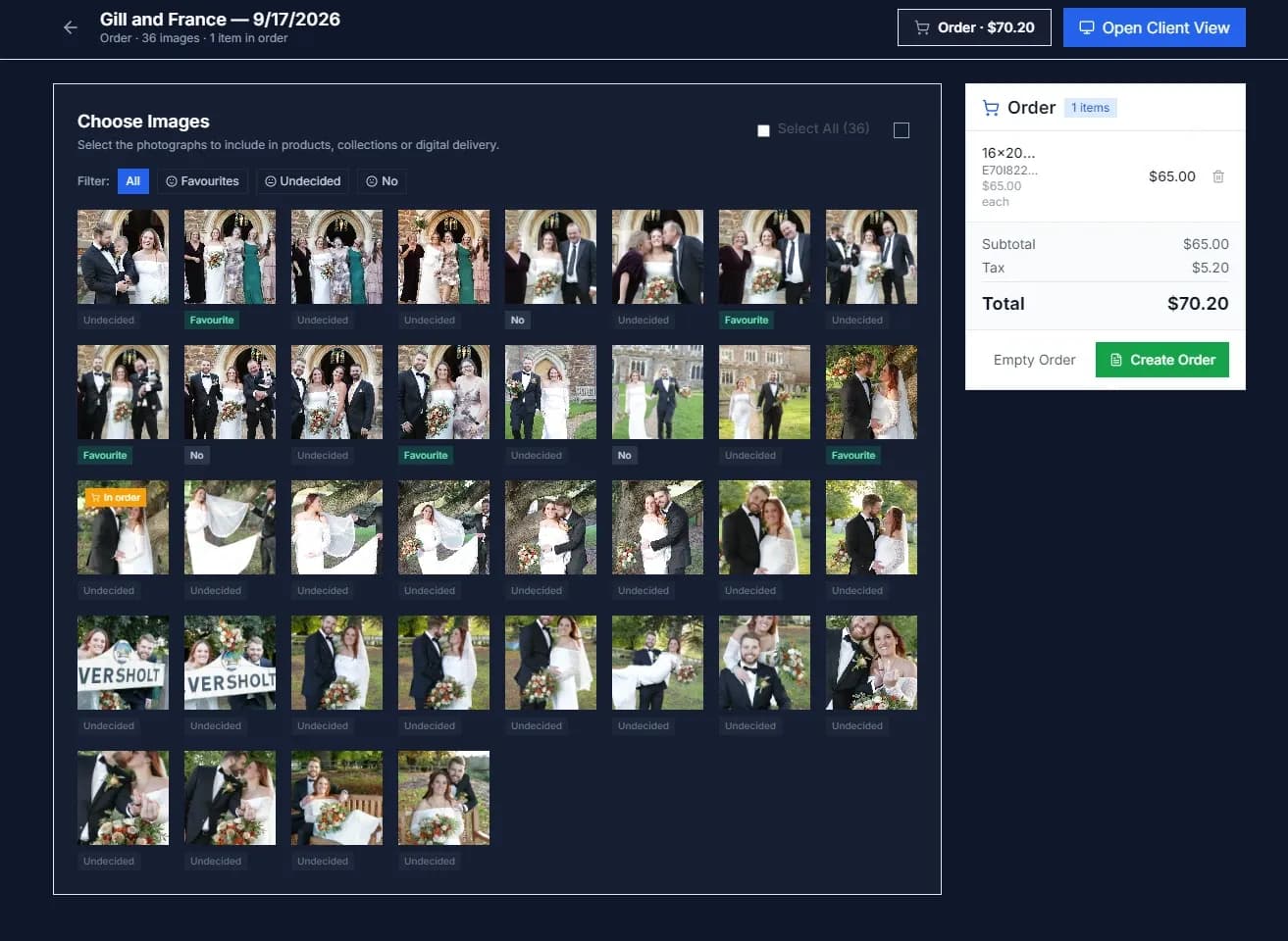 The order screen: a shoot’s photographs as selectable thumbnails labelled favourite, undecided or no, beside a running order showing the line item, subtotal, tax and total, ready to become an order.